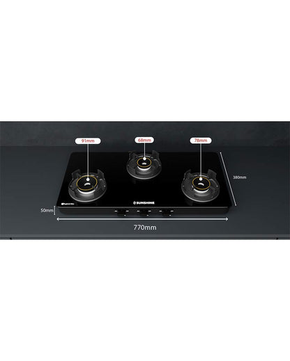 Regal 3 Burner Gas Stove Toughened Glass Cooktop Manual Ignition