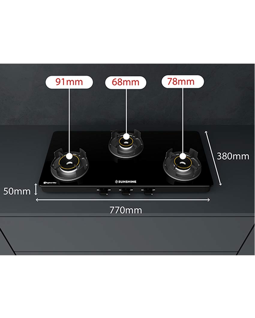 Regal 3 Burner Gas Stove Toughened Glass Cooktop Manual Ignition