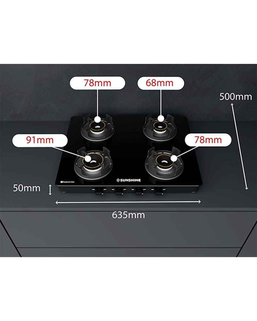 Regal 4 Burner Gas Stove Toughened Glass Cooktop Manual Ignition
