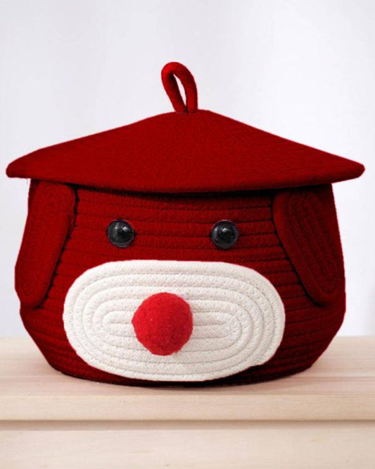 Bear Small Lid Cotton Storage Basket Red