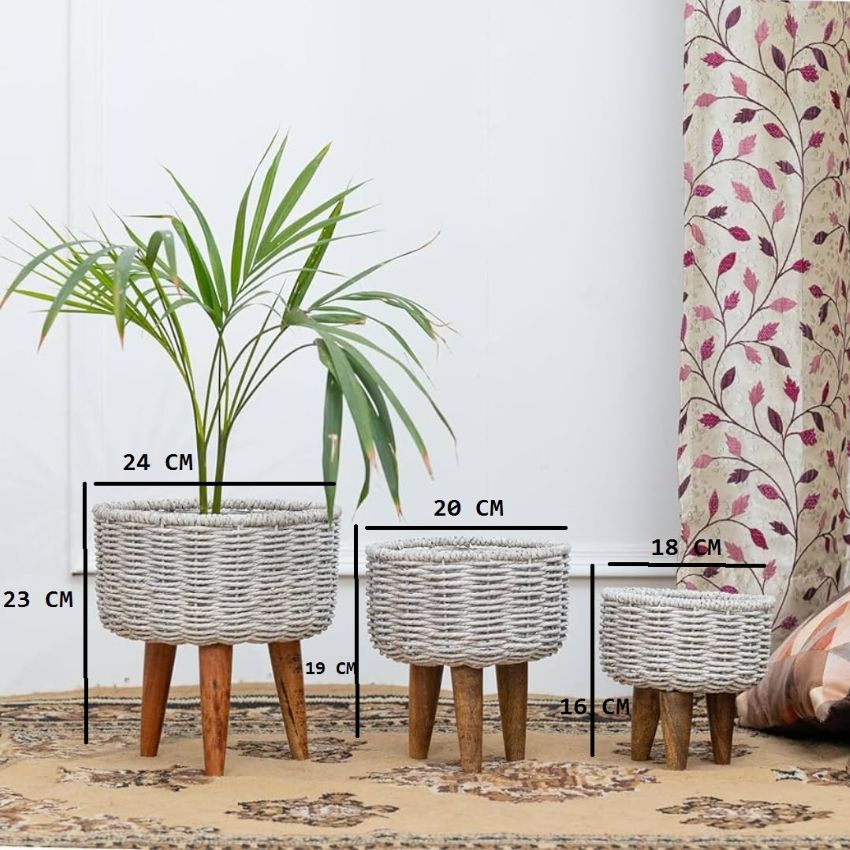 Jute Plant Stands With Wooden Legs & Metal Frame | Pack of 3