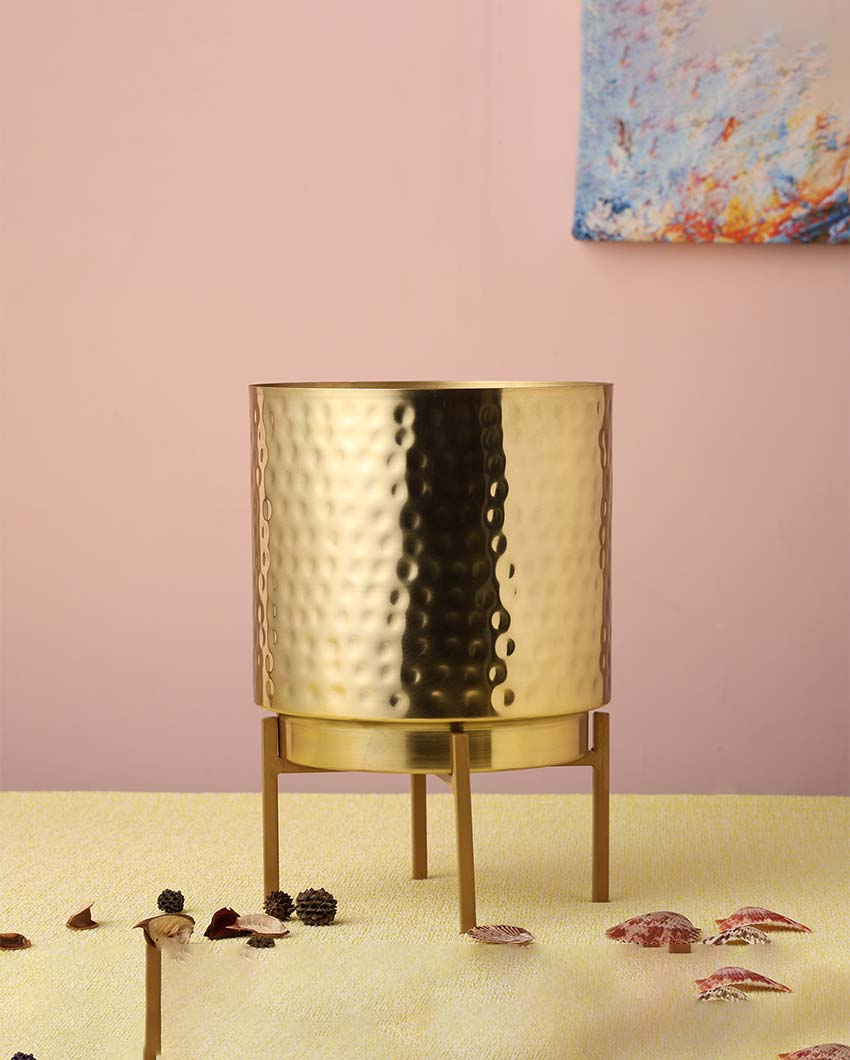 Ember Gold Hammered Metal Planter with Stand | Plant not included