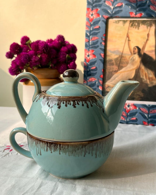 Light Blue and Golden Ceramic Handcrafted Kettle and Cup Set
