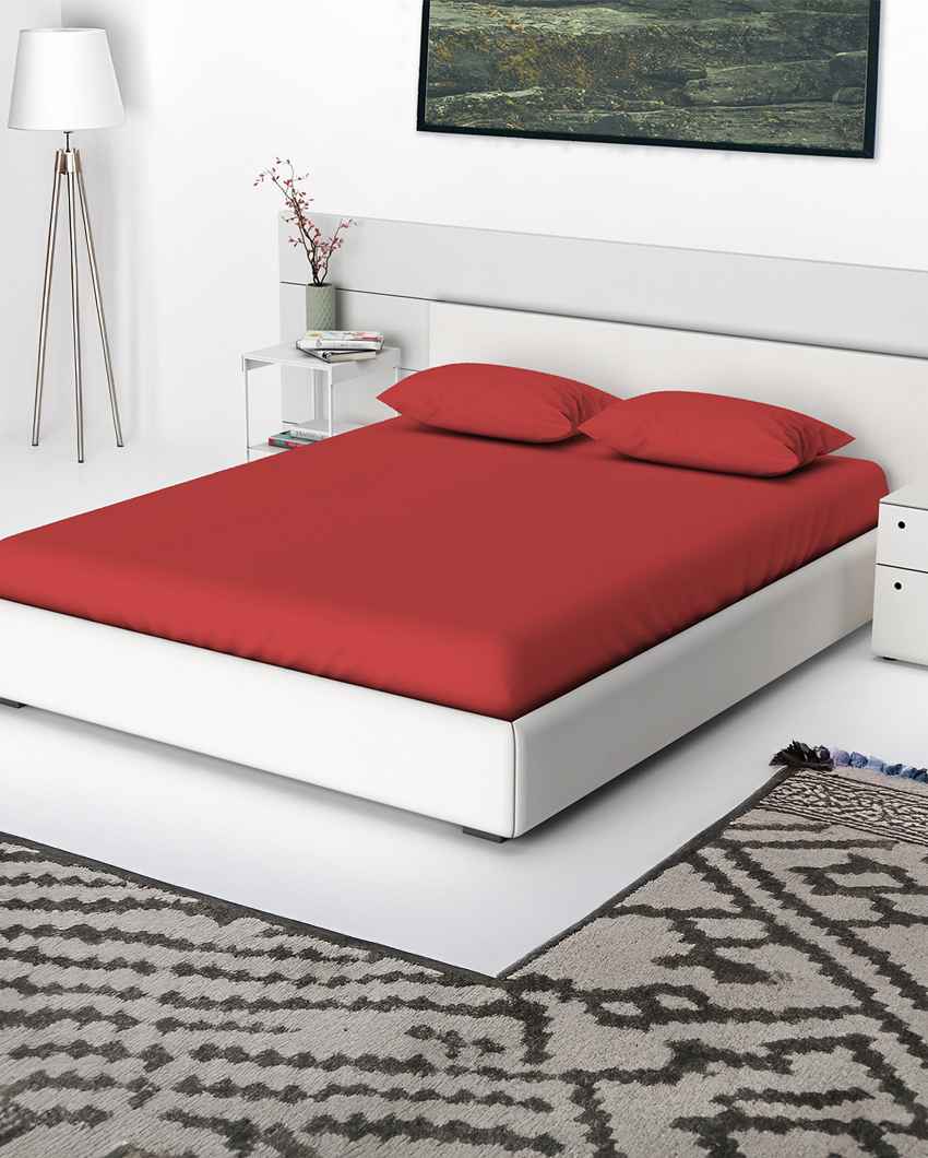 Sophisticated Silky Touch Premium Super King Size Flat Red Bedsheet with Pillow Covers | Pack of 3