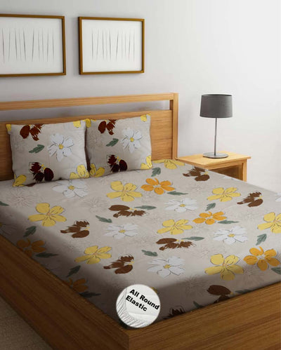 Floral Printed Cotton Mix Double Bed Fitted Bedsheet Set