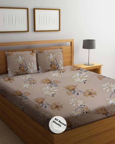 Elegant Floral Printed Cotton Mix Double Bed Fitted Bedsheet Set