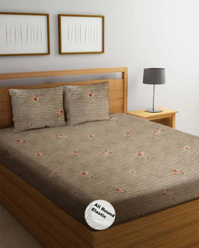 Elegant Roses Floral Printed Cotton Mix Double Bed Fitted Bedsheet Set
