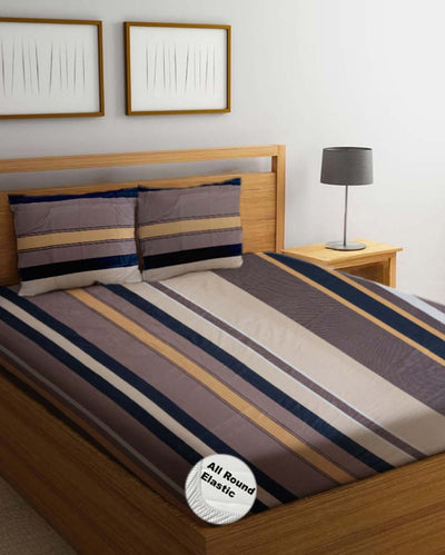 Lines Printed Cotton Mix Double Bed Fitted Bedsheet Set