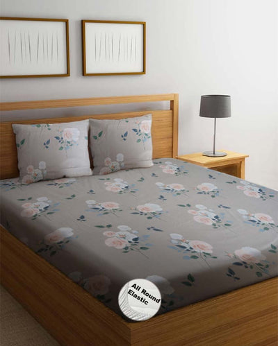 Beautiful Roses Printed Cotton Mix Double Bed Fitted Bedsheet Set