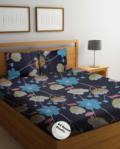 Night Flowers Printed Cotton Mix Double Bed Fitted Bedsheet Set