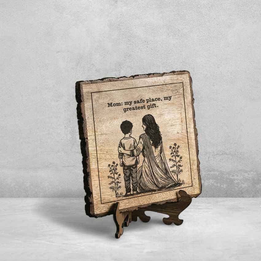 Woodwhispers Handcrafted Mango Wood Brown Plaque with Stand Gift Set | 8 x 8 inches