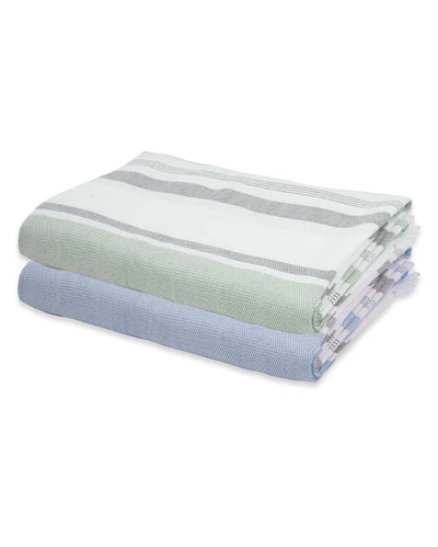 Forest Green and Denim Blue Cambric Multi-Stripe Bath Towels | 60 x 30 inches