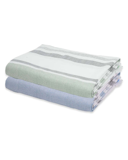 Forest Green and Denim Blue Cambric Multi-Stripe Bath Towels | 60 x 30 inches
