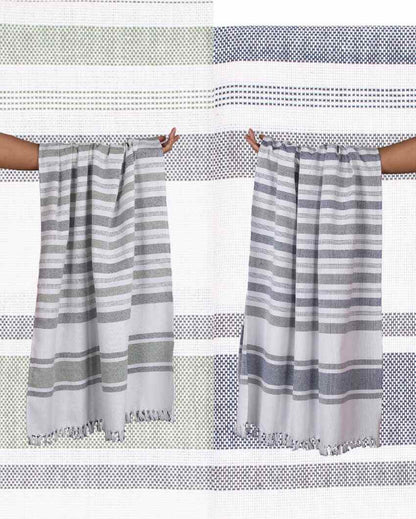 Forest Green and Denim Blue Cambric Multi-Stripe Bath Towels | 60 x 30 inches