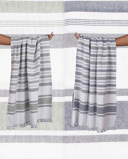 Forest Green and Denim Blue Cambric Multi-Stripe Bath Towels | 60 x 30 inches