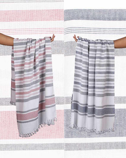 Denim Blue and Merlot Mauve Cambric Multi-Stripe Bath Towels | 60 x 30 inches