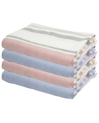Denim Blue and Merlot Mauve Cambric Multi-Stripe Bath Towels | 60 x 30 inches