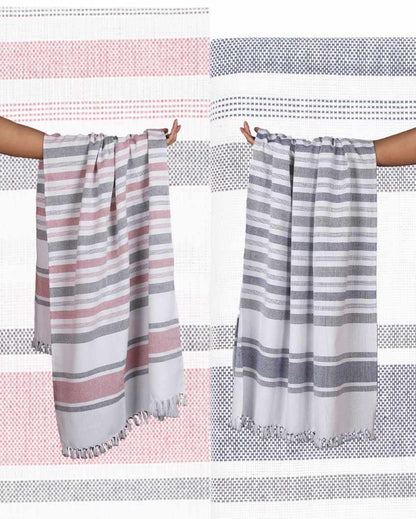 Denim Blue and Merlot Mauve Cambric Multi-Stripe Bath Towels | 60 x 30 inches