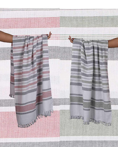Merlot Mauve and Forest Green Cambric Multi-Stripe Bath Towels | 60 x 30 inches