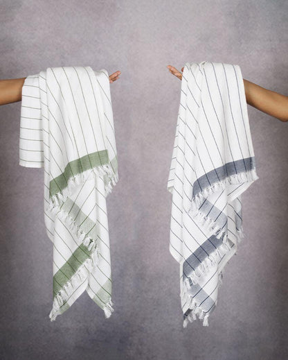 Forest Green and Denim Blue Cambric Pin-Stripe Bath Towels | 60 x 30 inches