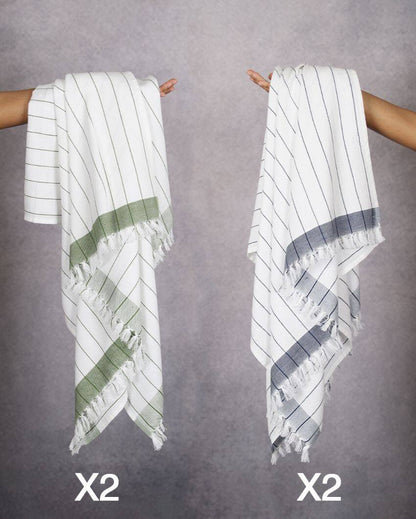 Forest Green and Denim Blue Cambric Pin-Stripe Bath Towels | 60 x 30 inches