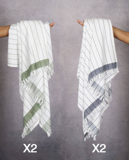 Denim Blue and Merlot Mauve Cambric Pin-Stripe Bath Towels | 60 x 30 inches