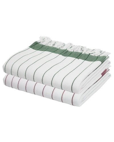 Soft Merlot Mauve and Forest Green Cambric Pin-Stripe Bath Towels | 60 x 30 inches