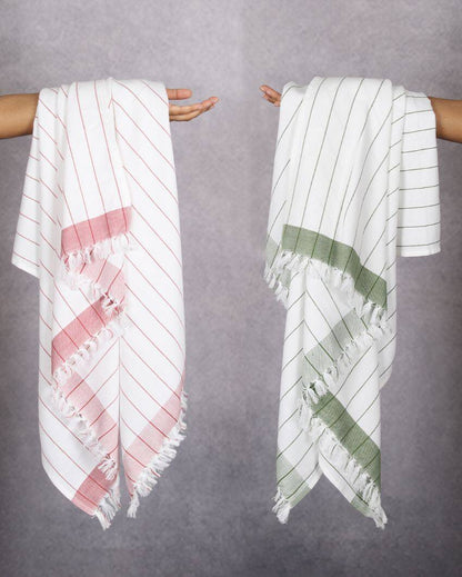 Soft Merlot Mauve and Forest Green Cambric Pin-Stripe Bath Towels | 60 x 30 inches