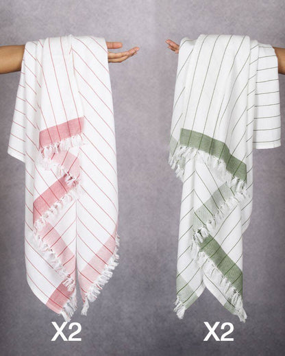 Soft Merlot Mauve and Forest Green Cambric Pin-Stripe Bath Towels | 60 x 30 inches