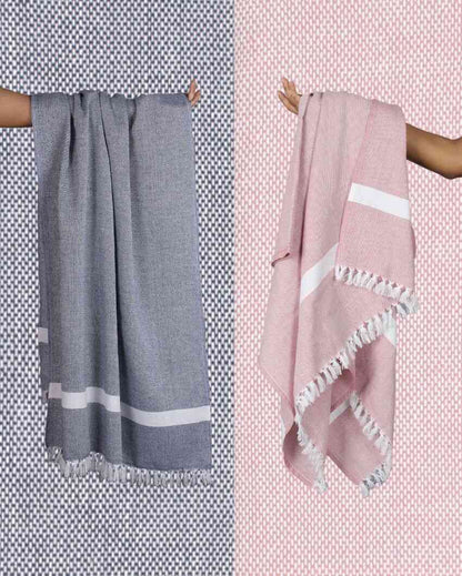 Solid Denim Blue and Merlot Mauve Cambric Bath Towels | 60 x 30 inches