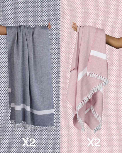 Solid Denim Blue and Merlot Mauve Cambric Bath Towels | 60 x 30 inches