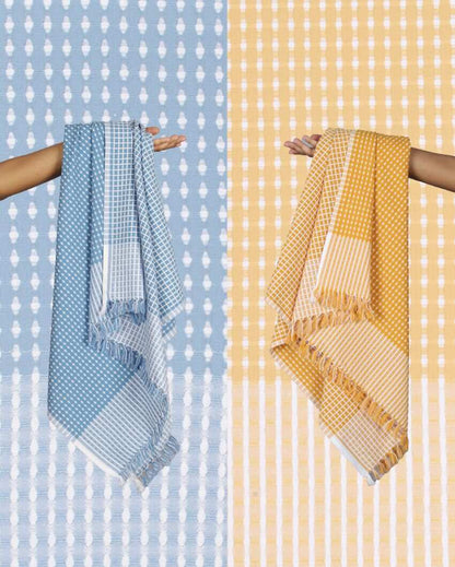Summer Yellow and Persian Blue Honey Comb Bath Towels | 60 x 30 inches