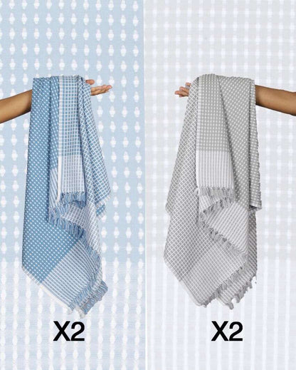 Persian Blue and Steel Grey Honey Comb Bath Towels | 60 x 30 inches