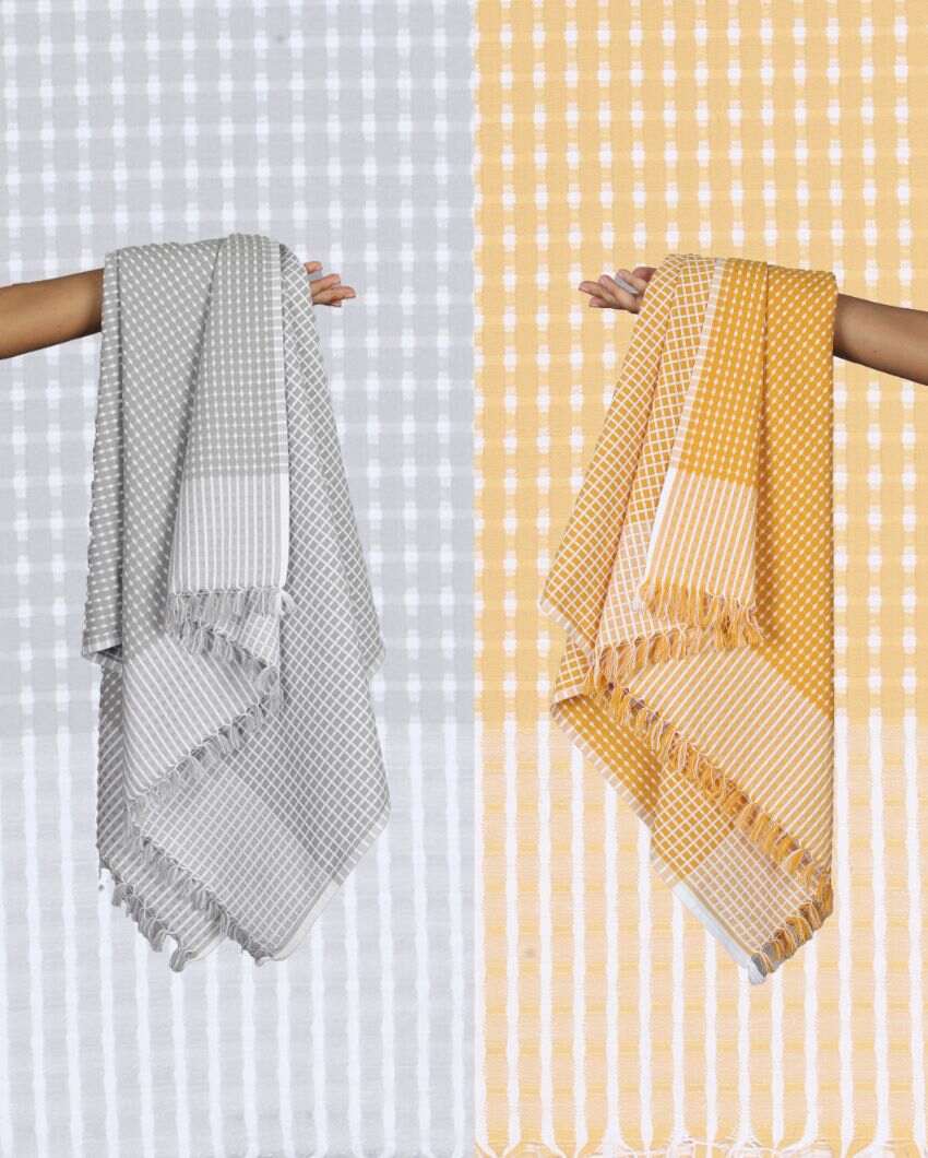 Summer Yellow and Steel Grey Honey Comb Bath Towels | 60 x 30 inches