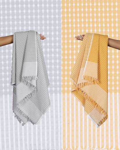 Summer Yellow and Steel Grey Honey Comb Bath Towels | 60 x 30 inches