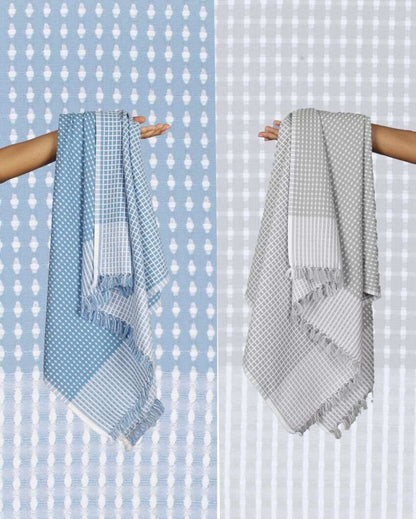 Persian Blue and Steel Grey Honey Comb Bath Towels | 60 x 30 inches