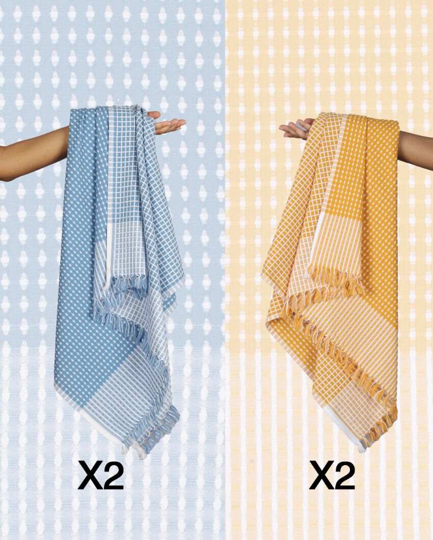 Summer Yellow and Persian Blue Honey Comb Bath Towels | 60 x 30 inches
