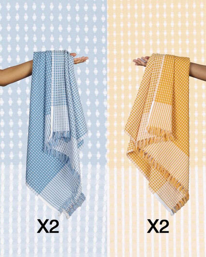 Summer Yellow and Persian Blue Honey Comb Bath Towels | 60 x 30 inches