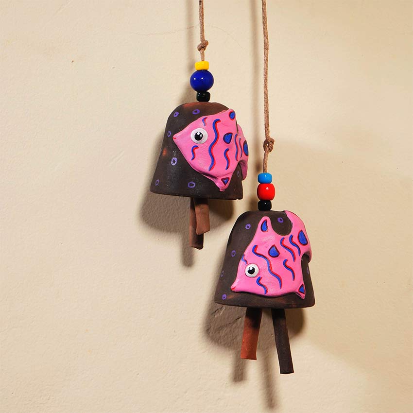 Beautiful Design Terracotta Big Fish Bell Hangings | Set of 2 | 3 x 3 inches