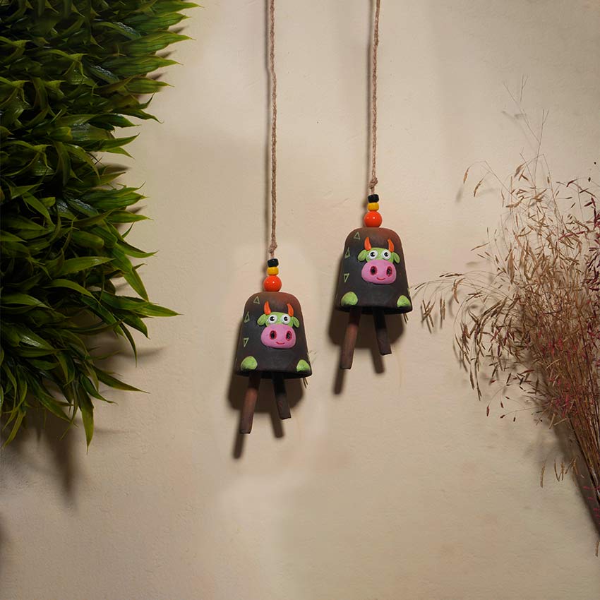 Beautiful Design Terracotta Cow Bell Hangings | Set of 2 | 3 x 3 inches