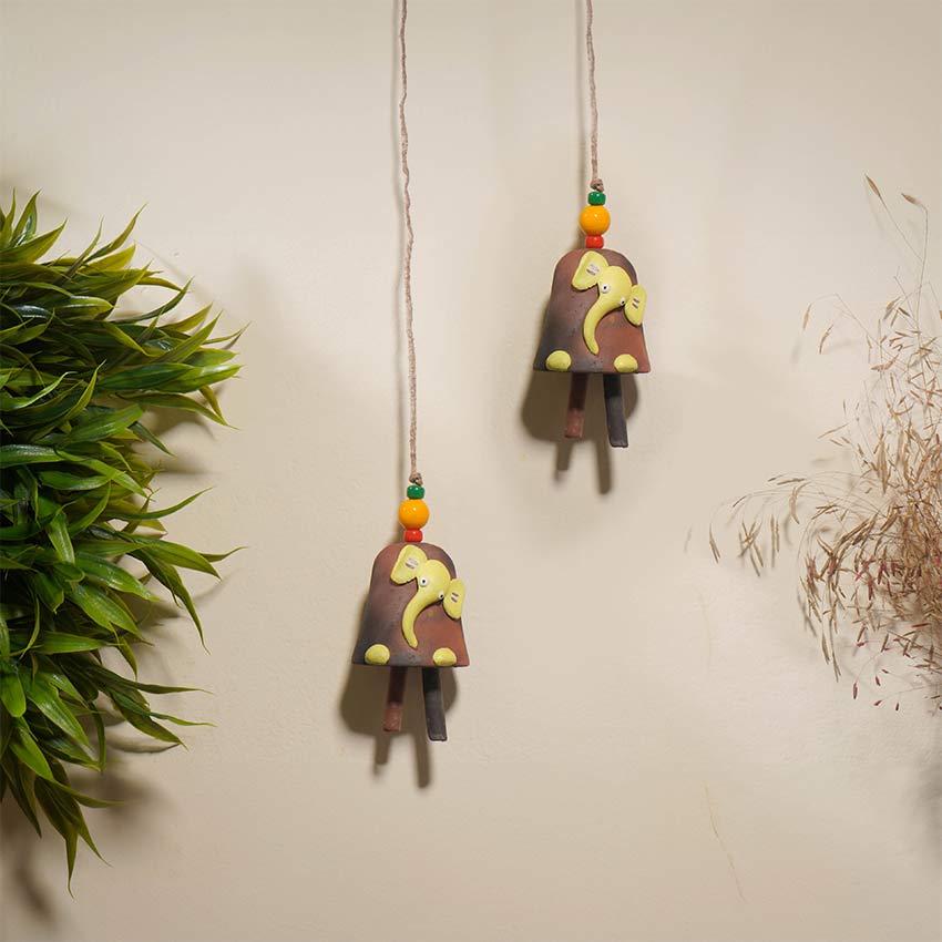 Beautiful Design Terracotta Elephant Bell Hangings | Set of 2 | 3 x 3 inches