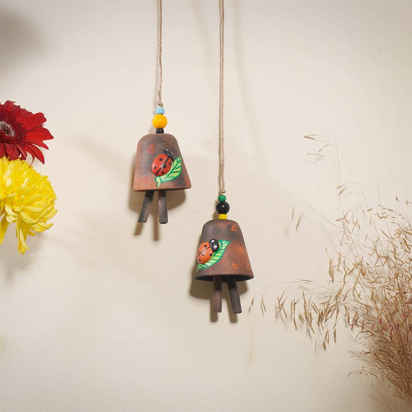 Elegant Design Terracotta Red Lady Bug Bell Hangings | Set of 2 | 3 x 3 inches