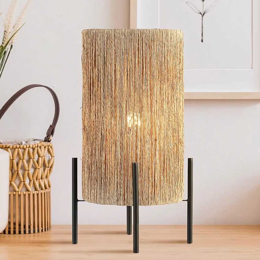 Aurora Jute Brown & Black Pillar Table Lamp With Wire and Accessories