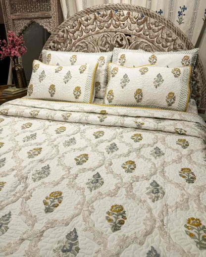 Daydream Hand Block Mulmul Cotton Bedcover Set | 90 x 108 inches