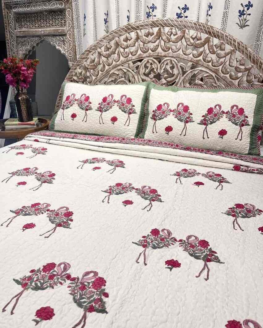 Flamingo Hand Block Mulmul Cotton Bedcover Set | 90 x 108 inches