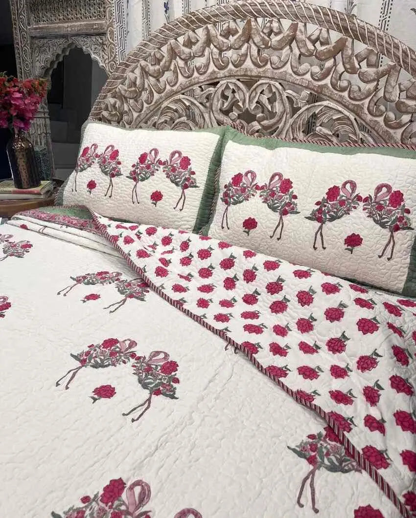 Flamingo Hand Block Mulmul Cotton Bedcover Set | 90 x 108 inches