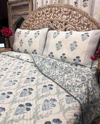 Lily Blue Hand Block Mulmul Cotton Bedcover Set | 90 x 108 inches