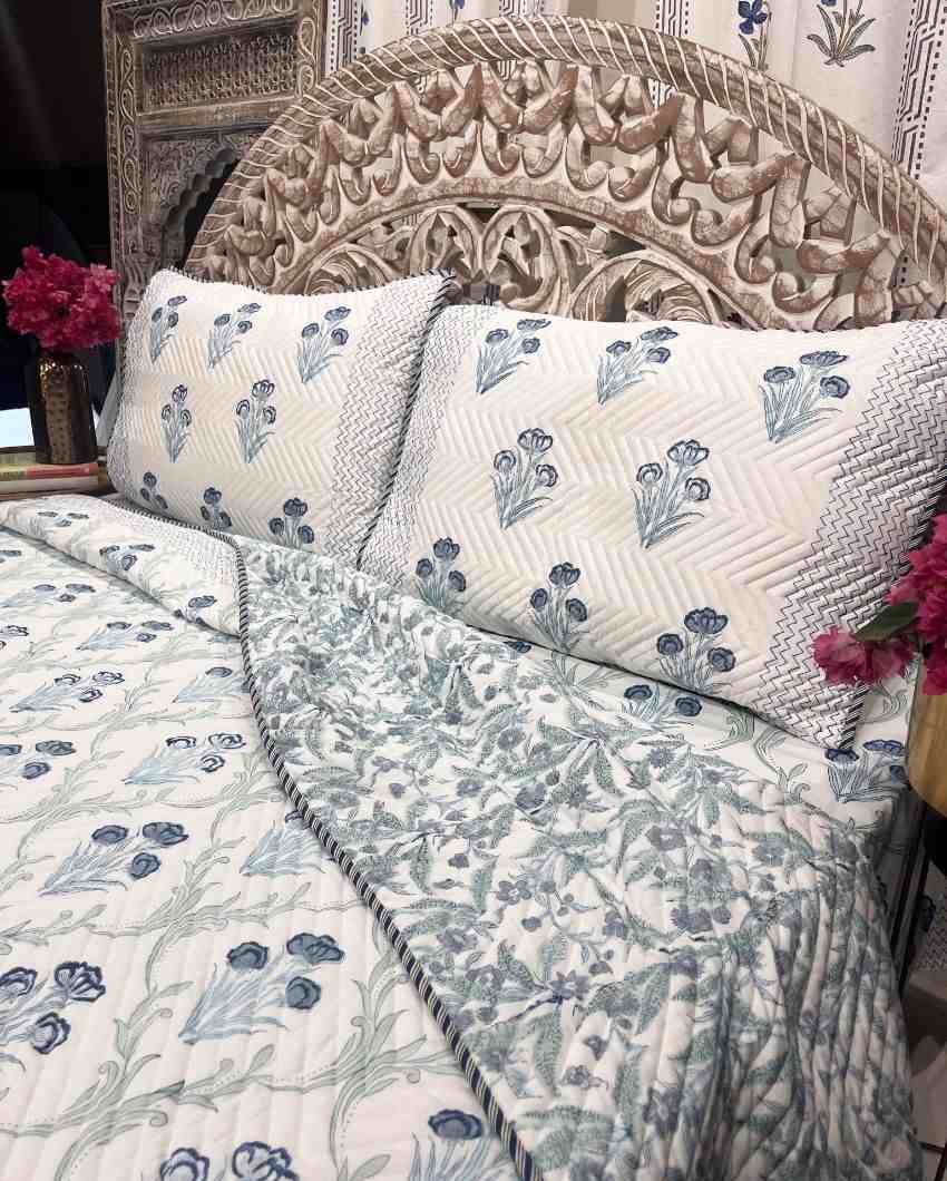 Lily Blue Hand Block Mulmul Cotton Bedcover Set | 90 x 108 inches