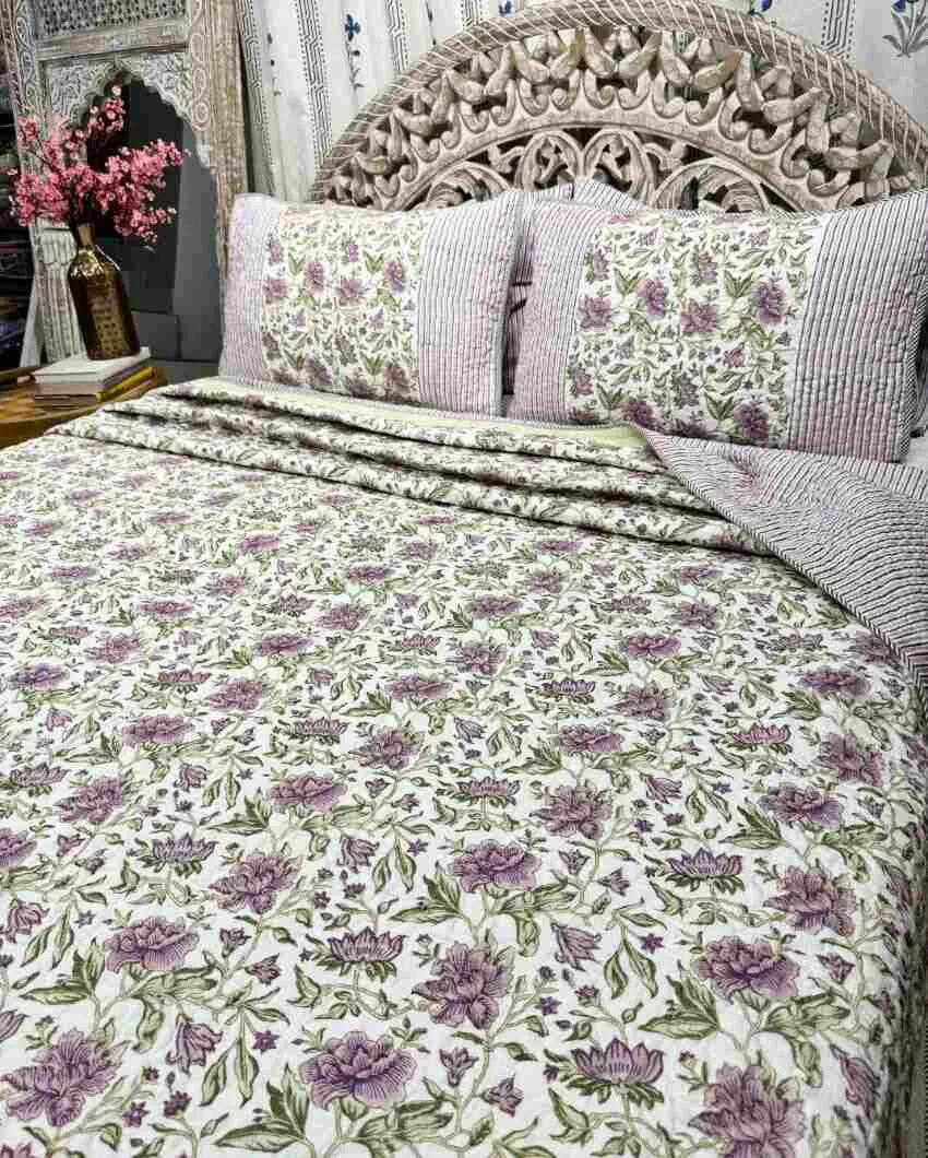 Sage Hand Block Mulmul Cotton Bedcover Set | 90 x 108 inches