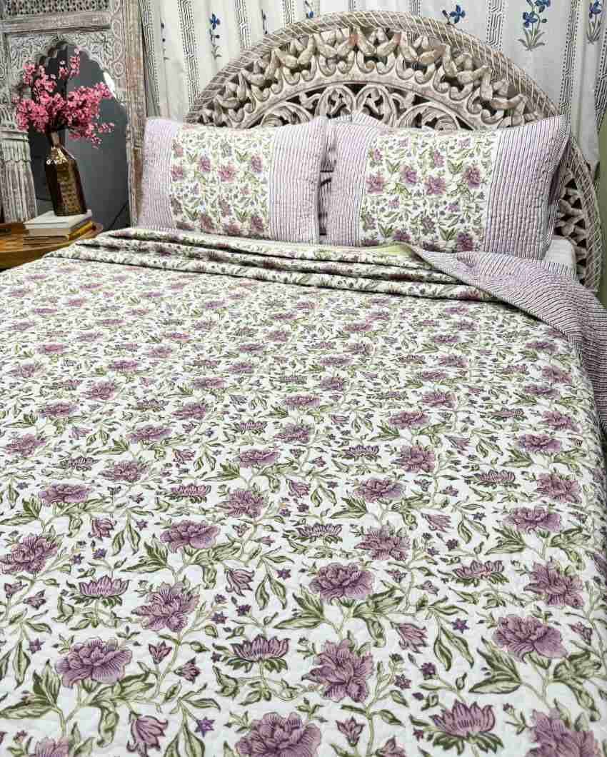 Sage Hand Block Mulmul Cotton Bedcover Set | 90 x 108 inches